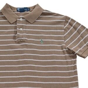 Polo Ralph Lauren Brown White Striped Short Sleeve Polo Shirt Mens Size‎ Medium
